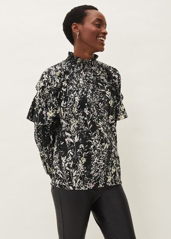 Phase Eight Daphne Floral Frill Shirts Black USA | 5127843-TL